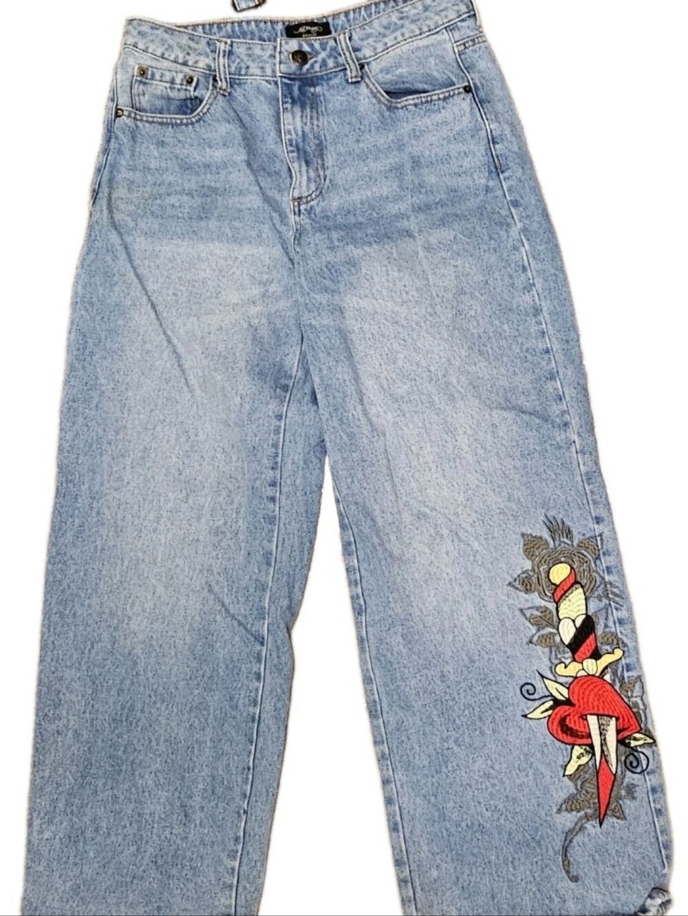 Ed Hardy WEHD8500-4 Wide Leg Baggy Jeans 30 Retro Light Wash Dagger Heart Y2K